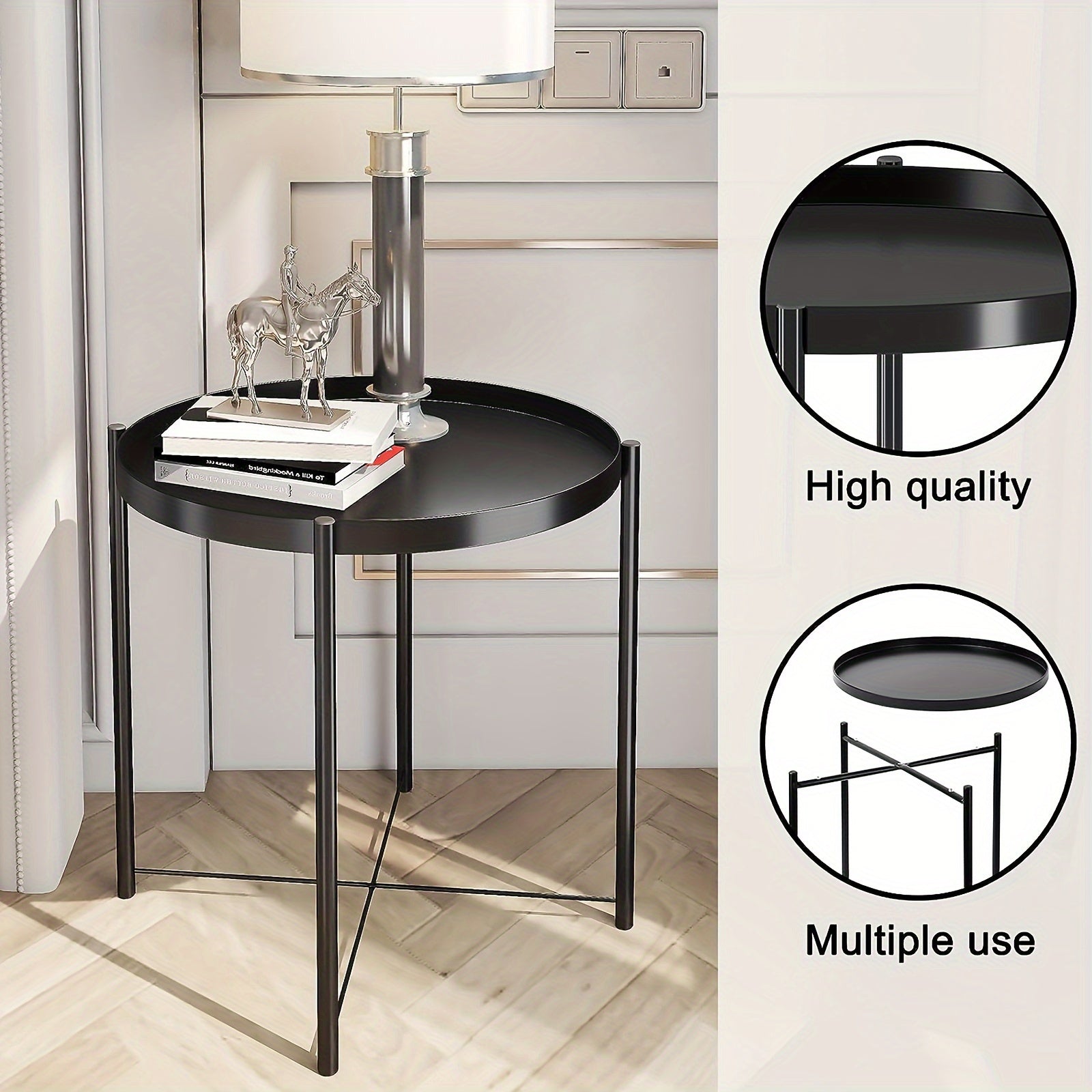 Coffee Table Metal Edge Round Sofa Small Table w/ Tray Living Room Bedroom
