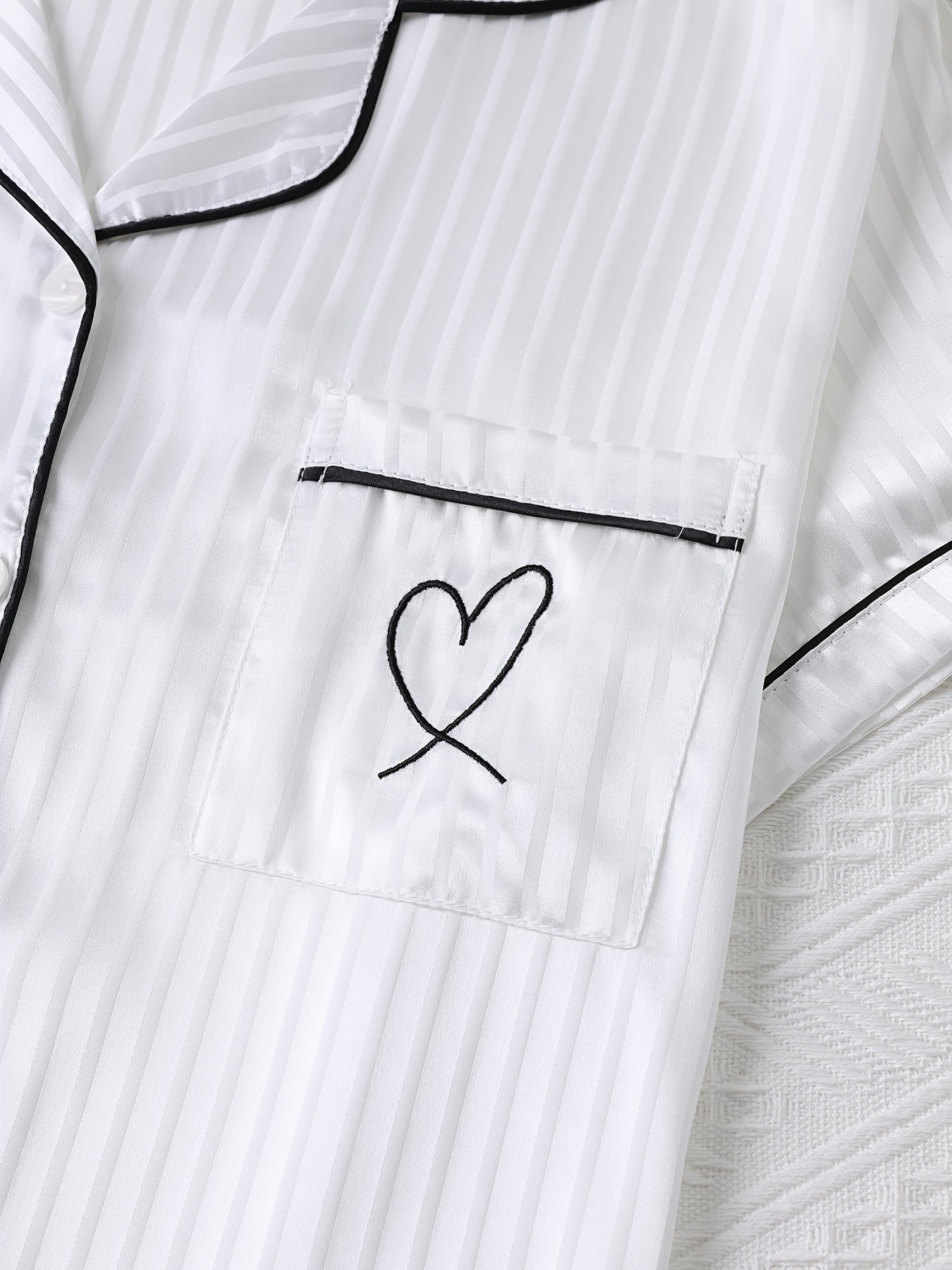Heart Embroidered Pajama Set - Button Up Shirt & Shorts Loungewear