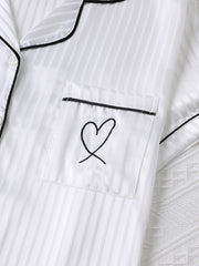 Heart Embroidered Pajama Set - Button Up Shirt & Shorts Loungewear