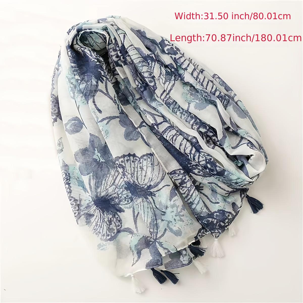 Ink Butterfly Print Grey Scarf 31 50' 70 87' Tassel Shawl Women Head Wrap