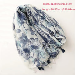 Ink Butterfly Print Grey Scarf 31 50' 70 87' Tassel Shawl Women Head Wrap