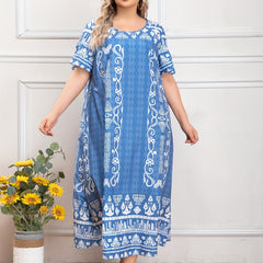 Boho Abaya Dress Women's Plus Geo Print Maxi Jalabiya Dress