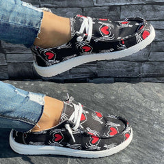 Skull & Love Heart Pattern Flat Shoes - Casual Lightweight Soft Walking Shoes