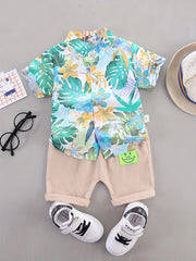 2pcs Baby Boys Cotton Flower Graphic Short Sleeve Casual Tees & Pants