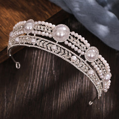 Silvery Faux Pearl Rhinestone Tiara Hairband Wedding Accessories