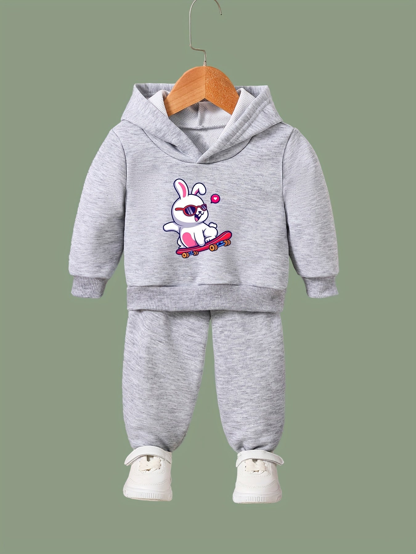 Skate Bunny Print Hooded Pullover Pants Set for Girls Boys