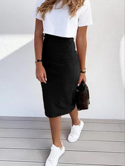 Solid High Rise Midi Length Knit Skirt