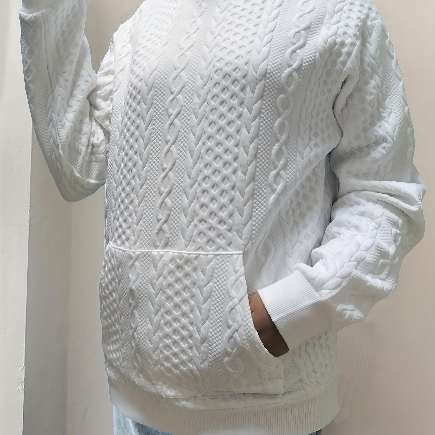 Twist Pattern Kangaroo Pocket Sweatshirt Crew Neck For Fall & Winter