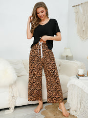 Leopard Print Pajama Set Short Sleeve V Neck Top & Loose Pants