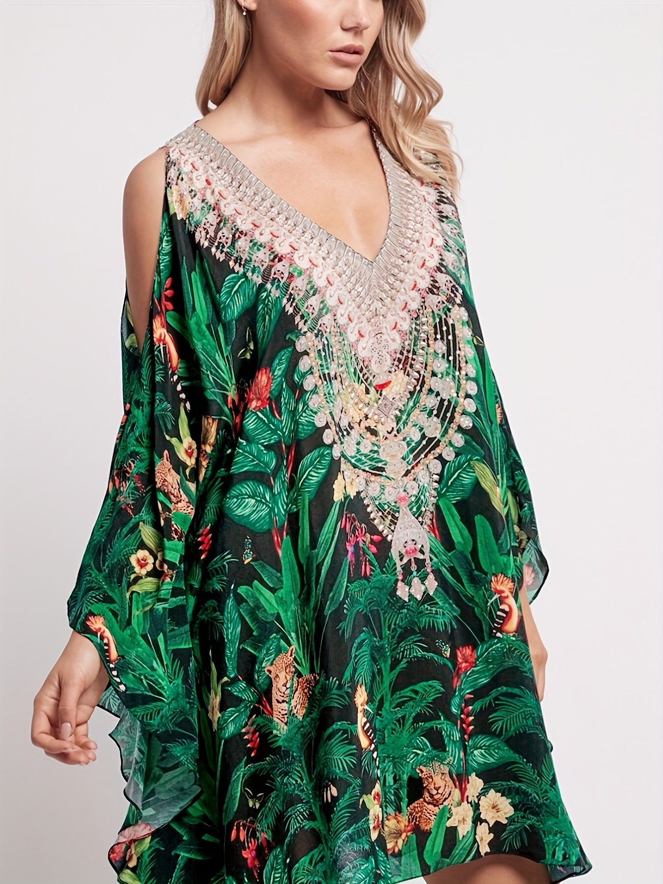 Tropical Leaf Print Cold Shoulder Cover Up Kaftan Batwing Sleeve Beach Kimono