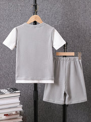 Boy's 2pcs T shirt & Shorts Set Letter Patched Print Short Sleeve Top Waffle Tex