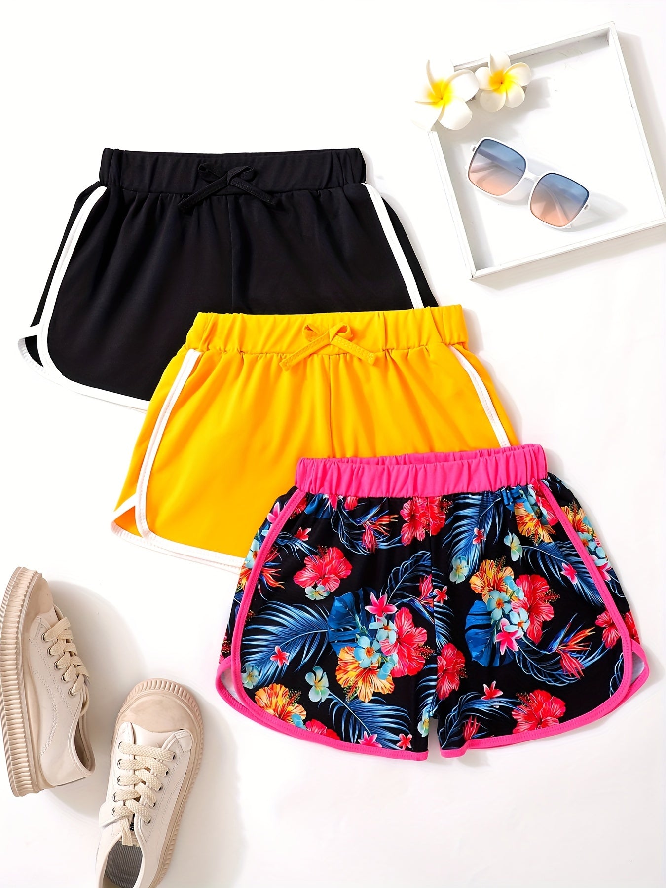 3pcs Girls Casual Sports Yoga Shorts Elastic High Waist Contrast Binding