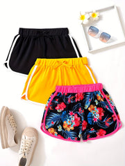 3pcs Girls Casual Sports Yoga Shorts Elastic High Waist Contrast Binding