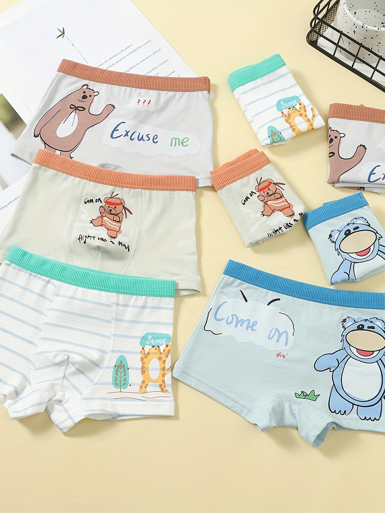 4pcs Boy's Boxer Briefs Cartoon Animal Print Elastic Waist Shorts