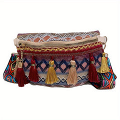 Boho Style Ethnic Tassel Woven Waist Bag Zipper Crossbody Bag