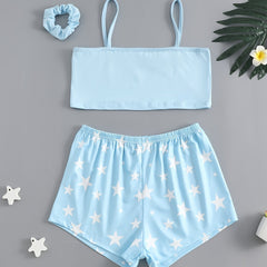 Girls Star Print Tank Top Shorts Set with Hair Band