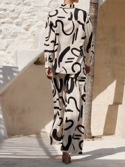 Allover Print Two piece Long Sleeve Shirt & Wide Leg Pants Set