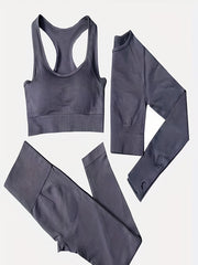 3pcs Solid Sports Suits Sports Bra & Top & Leggings Women's Activewear