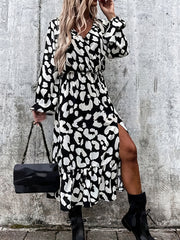 Leopard Print Maxi Dress V Neck Side Split Lantern Sleeve