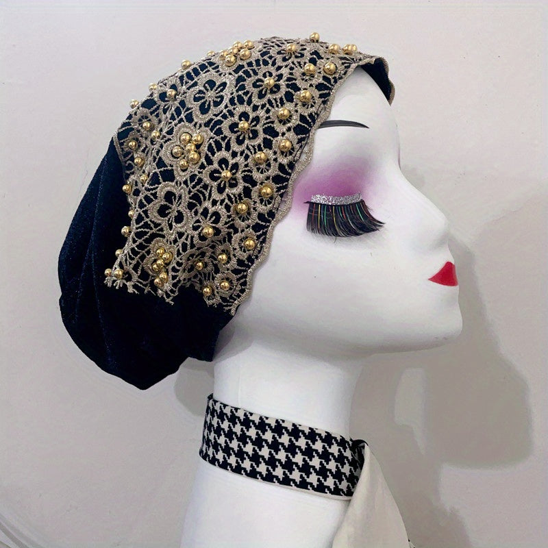 Beaded Lace Mesh Turban Cap - Vintage Head Wrap