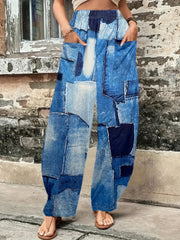Patchwork Print Wide Leg Pants Casual Pocket Pants