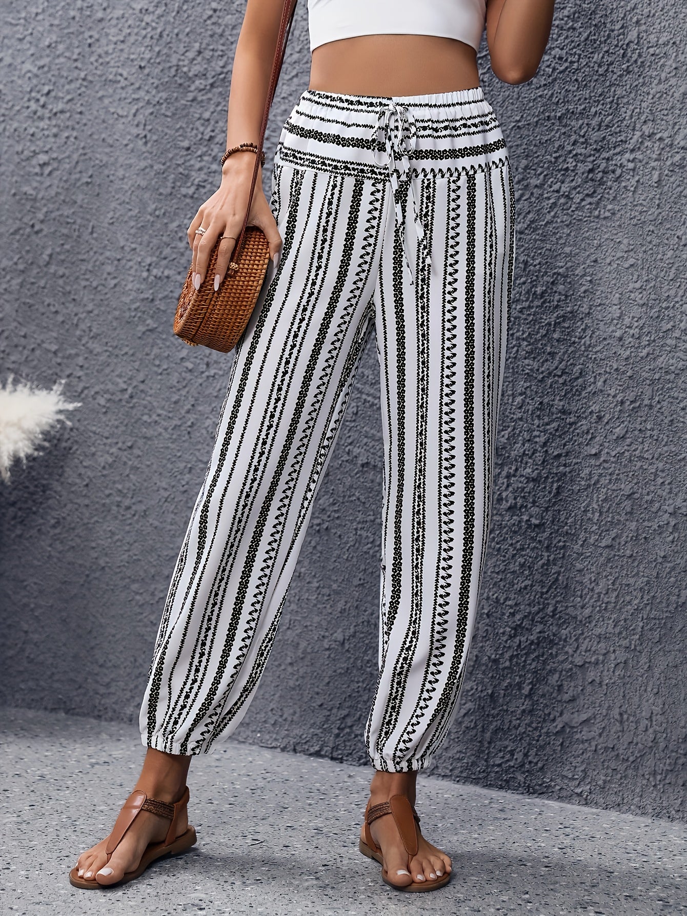 Striped Print Drawstring Joggers for Women