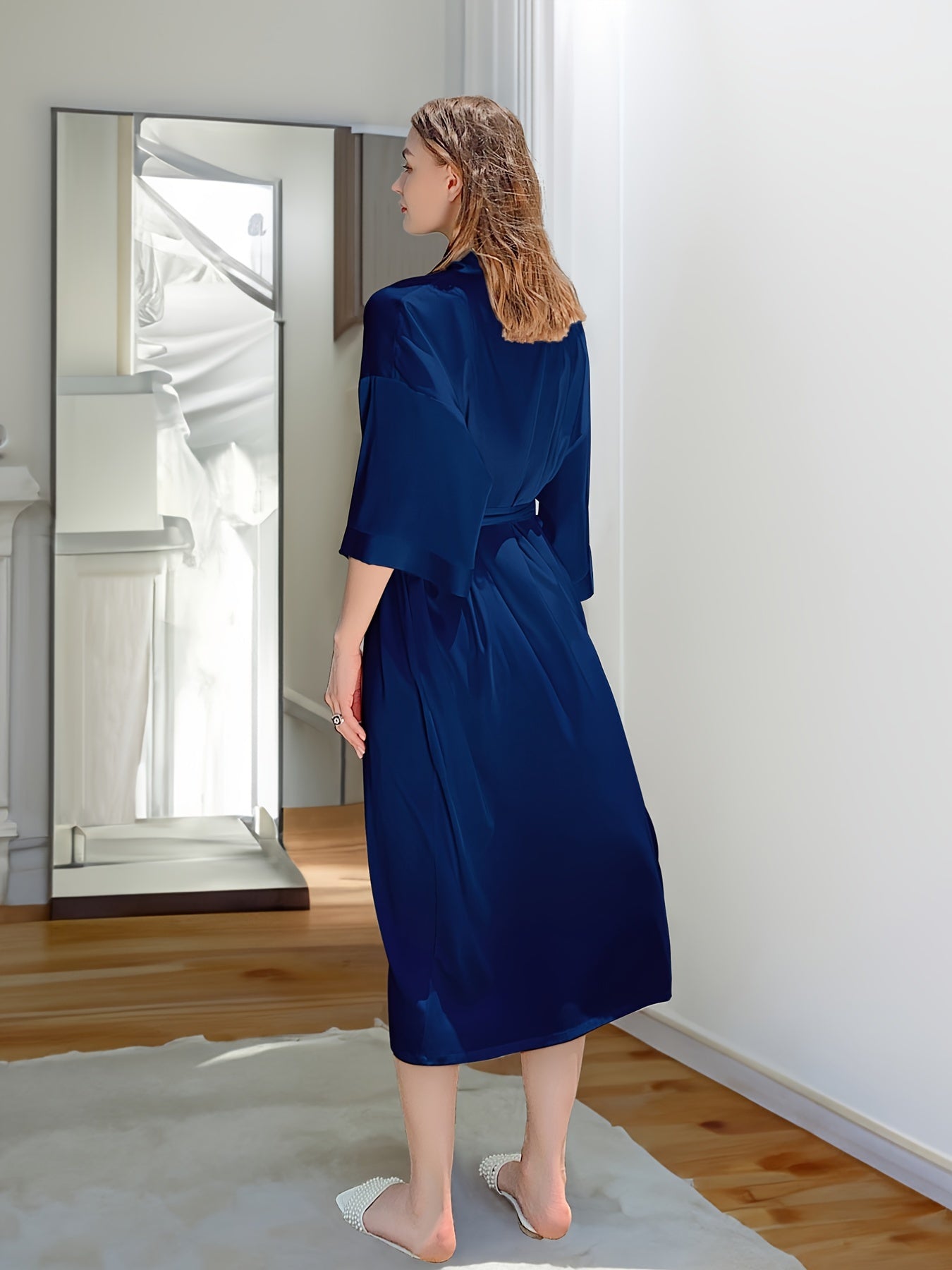 Satin Lounge Robe V Neck 3 4 Sleeve with Belt Women's Loungewear