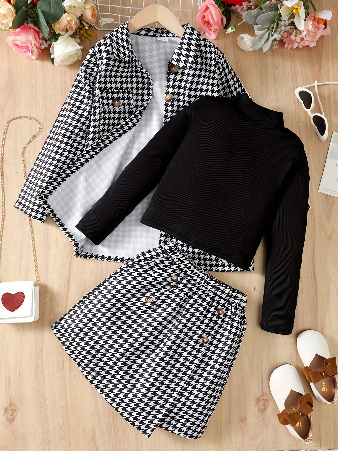 Girls' 3pcs Coat & Turtleneck Top & Skirts Set Houndstooth Print