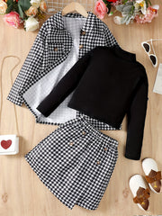 Girls' 3pcs Coat & Turtleneck Top & Skirts Set Houndstooth Print