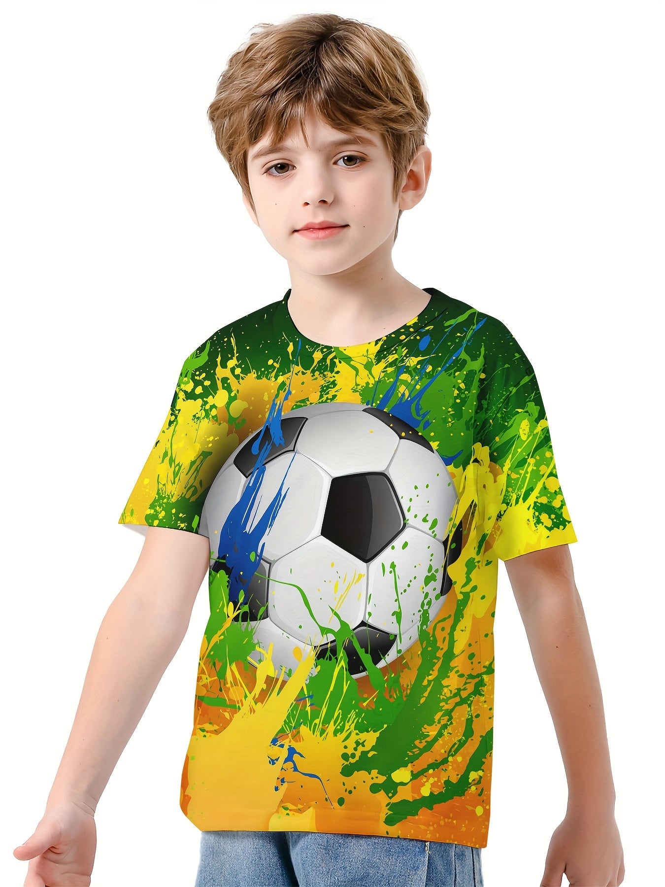 Boys' 3D Football T Shirt Stretch Fabric Short Sleeves
