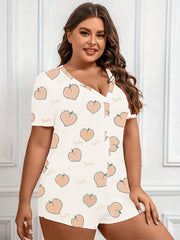Pajama Romper Women's Plus Peach & Letter Print