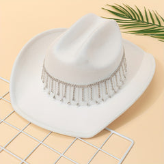 Cowboy Jazz Hat Rhinestone Chain Tassel Decor Fedora Cap