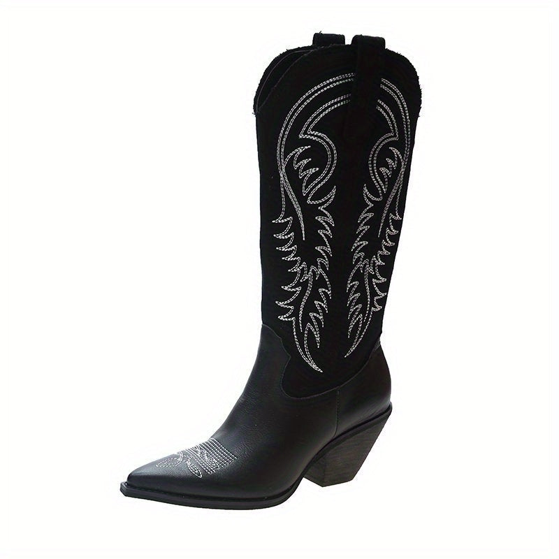 Embroidered Cowboy Boots Point Toe Chunky Heel Slip On Western Boots