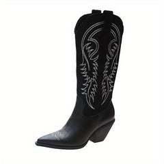 Embroidered Cowboy Boots Point Toe Chunky Heel Slip On Western Boots