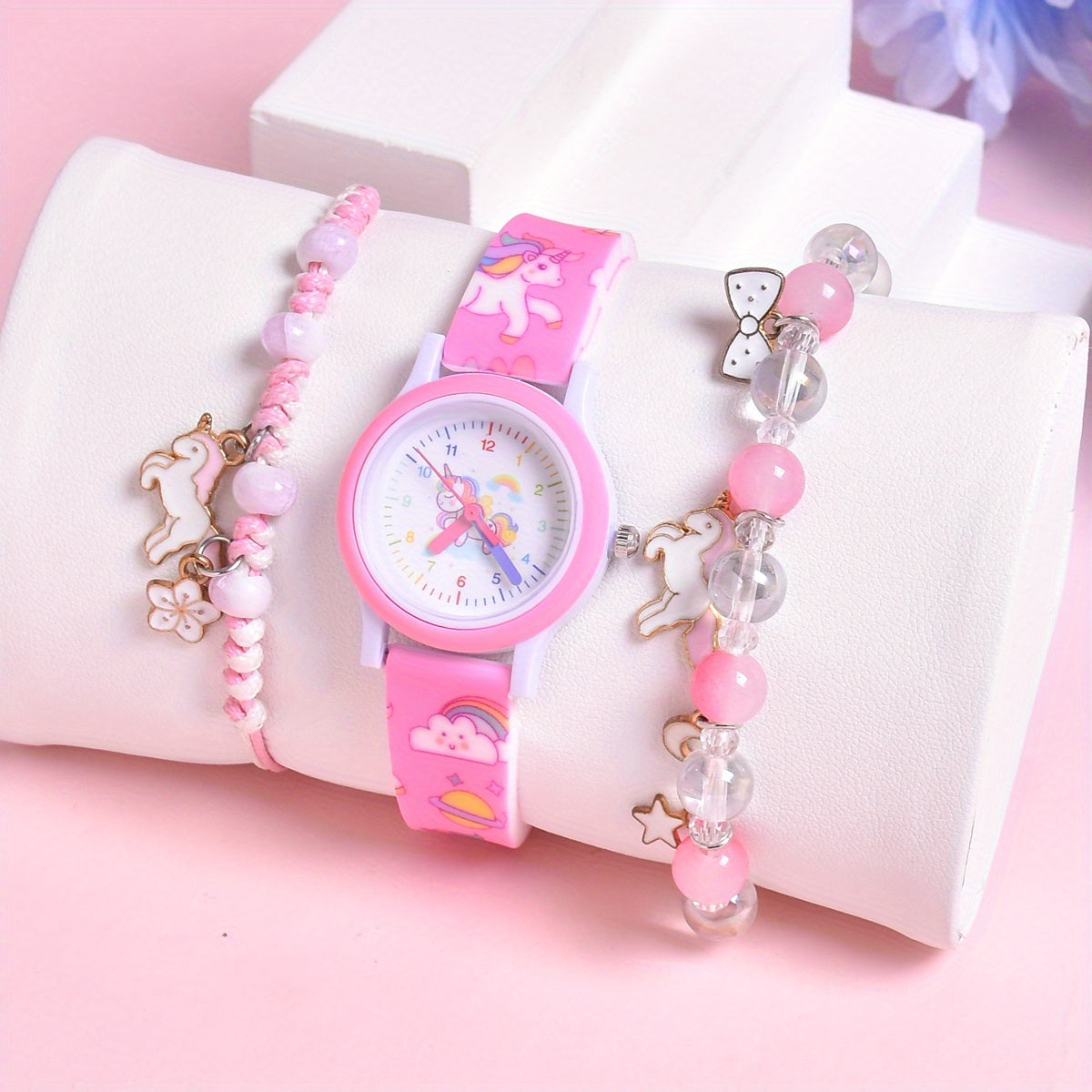 Cartoon Horse Print Wristband Set with Quartz Watch