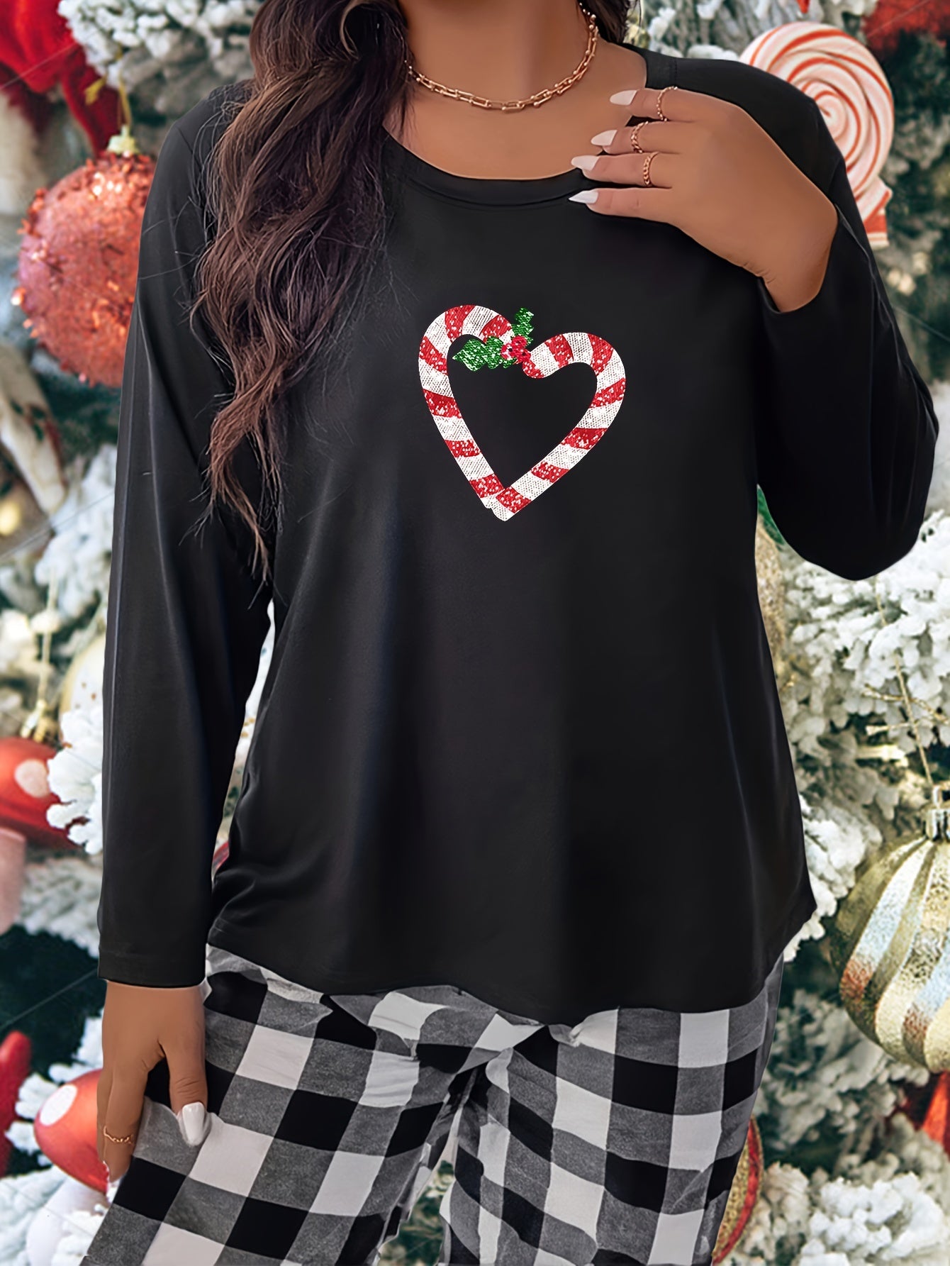Christmas Heart & Lollipop Print Sleepwear Top
