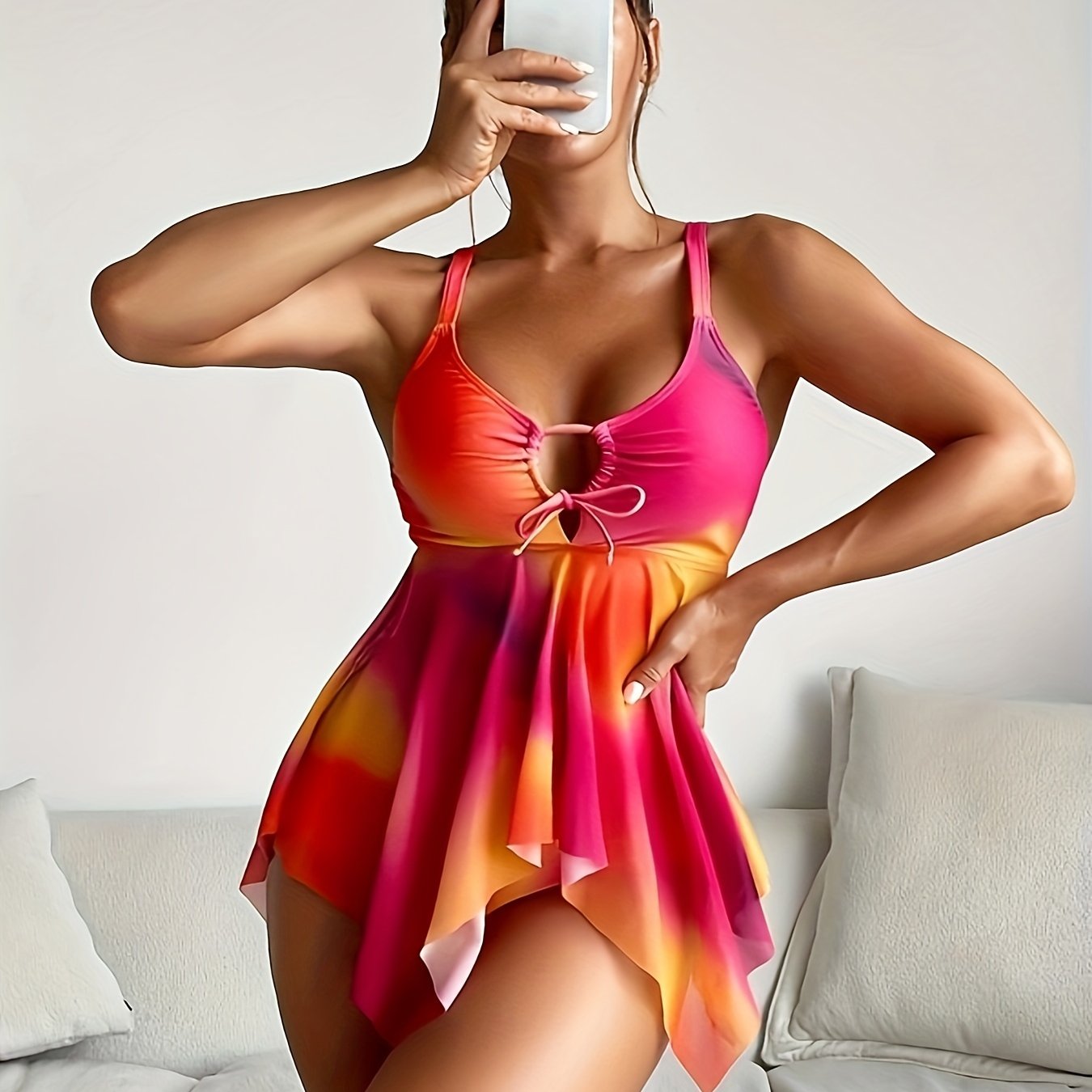 Ombre Hollow Out Bow Tie Tankini Set Spaghetti Strap Top & Skirted High Waist