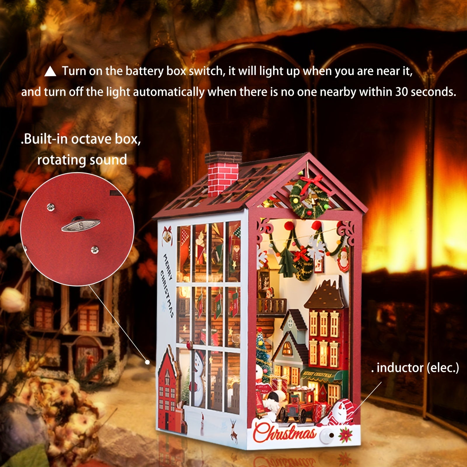 DIY 3D Wooden Puzzle LED Christmas House Booknook Bookshelf Decor