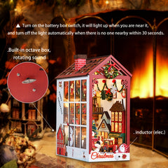 DIY 3D Wooden Puzzle LED Christmas House Booknook Bookshelf Decor