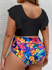 Ruffled Sleeve V Neck Tankini Set