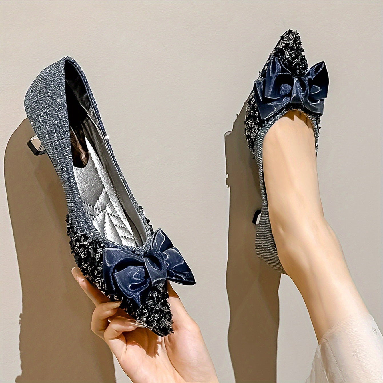 Women's Rhinestone Bowknot Kitten Heel Dress Shoes