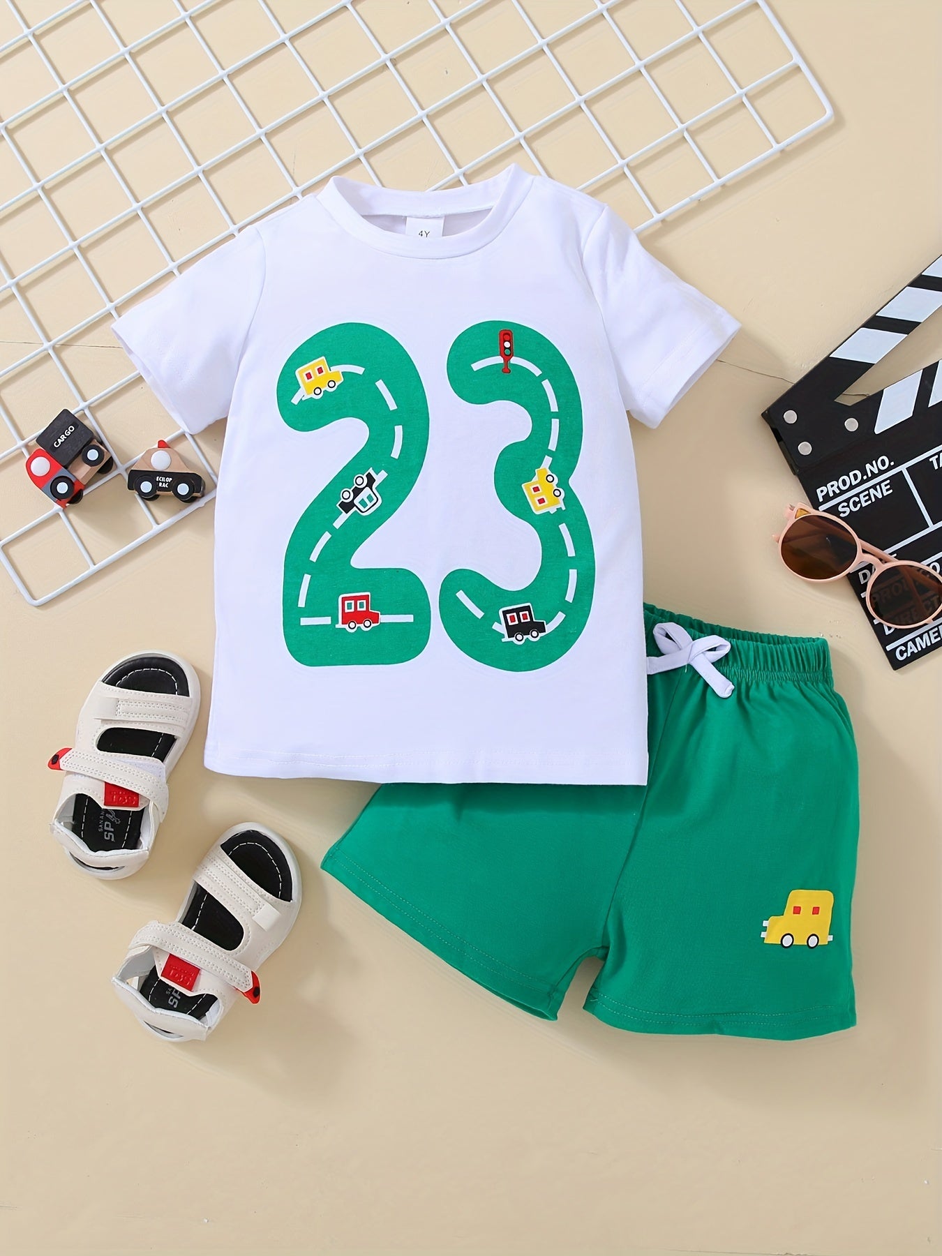 Boys Number 23 & Cartoon Cars Outfit Short Sleeves T-shirt & Shorts