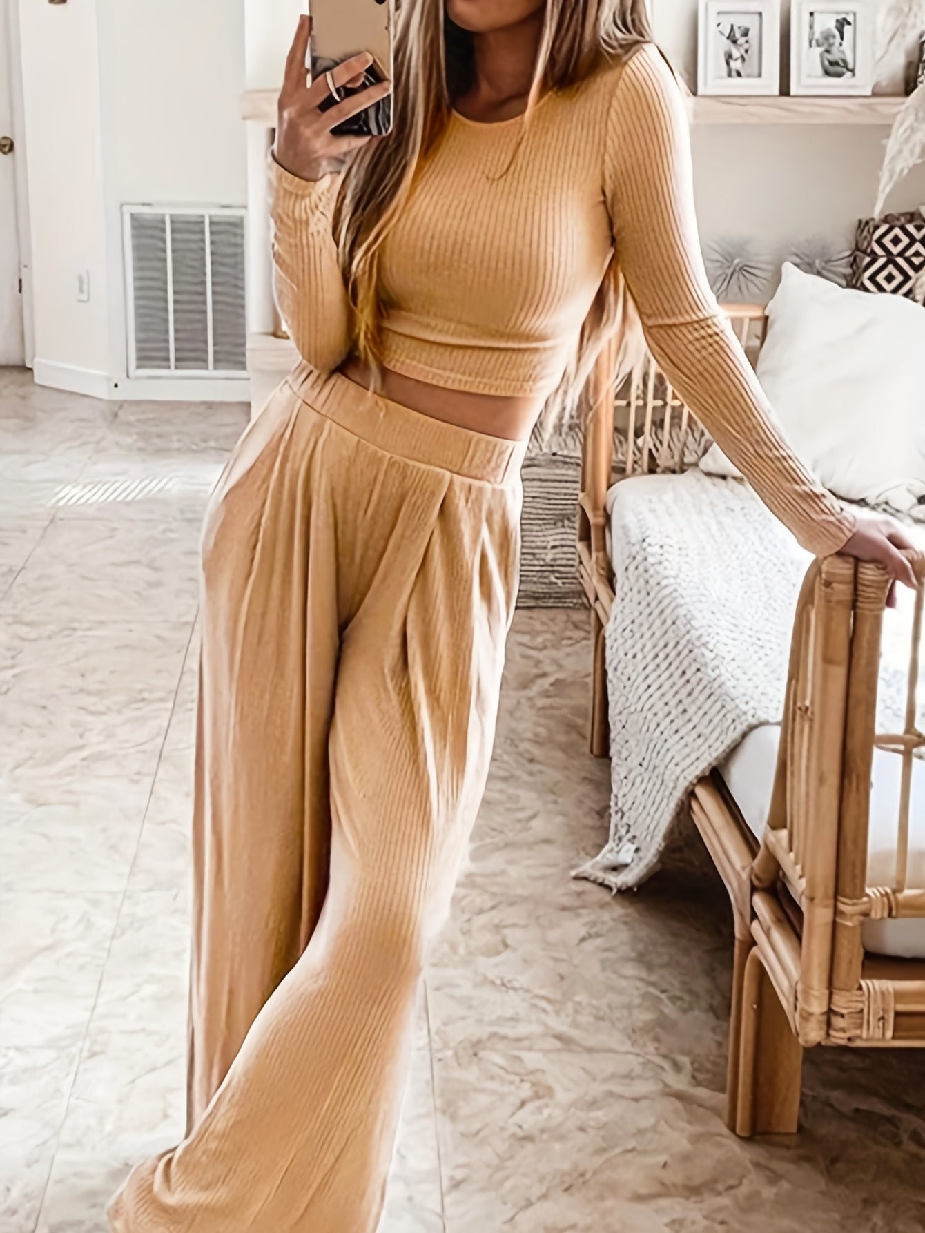 Ribbed Crop Top & Wide Leg Pants Set