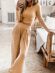 Ribbed Crop Top & Wide Leg Pants Set
