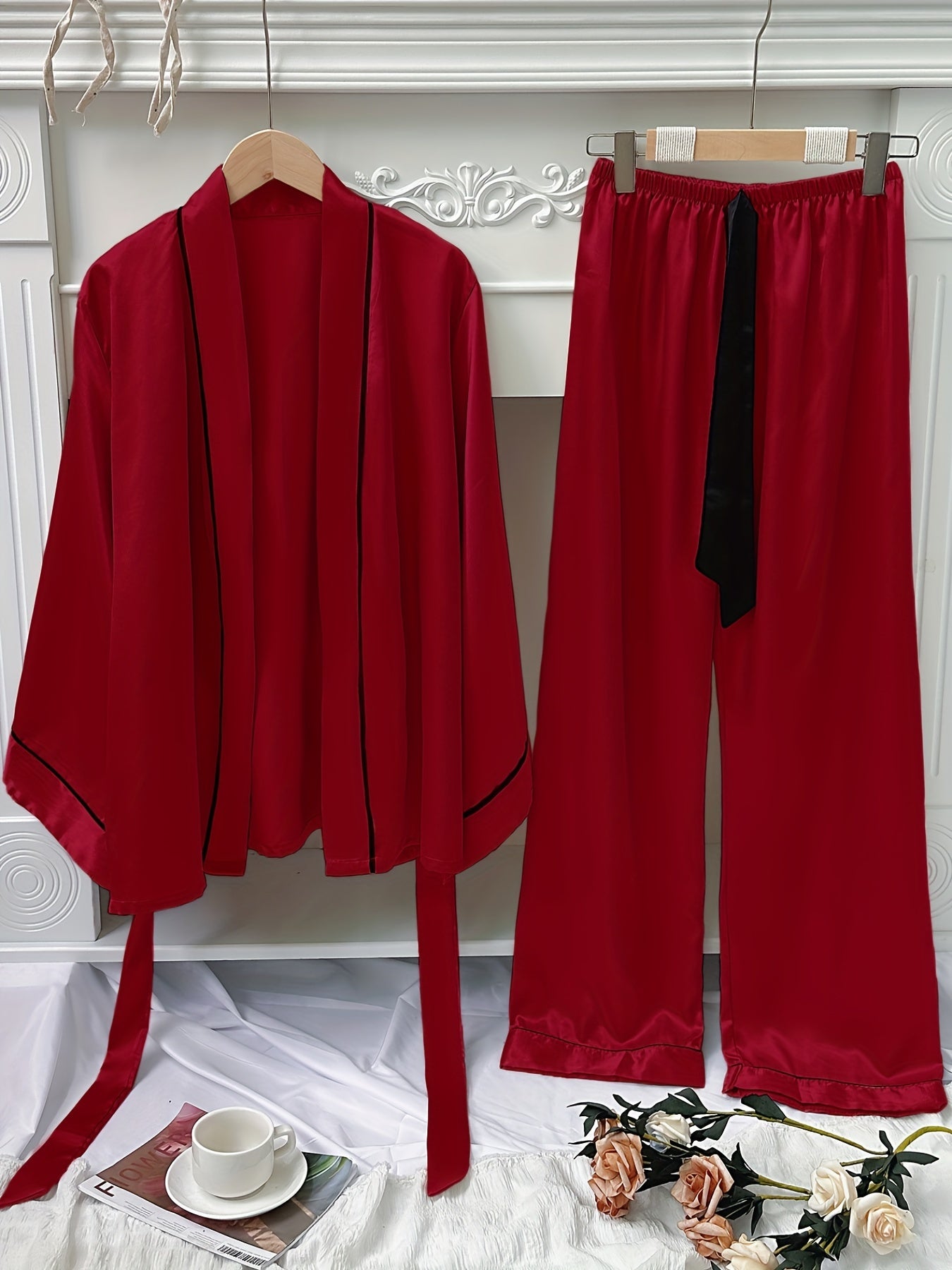 Satin Pajama Set with Long Sleeve Robe & Lace Up Pants