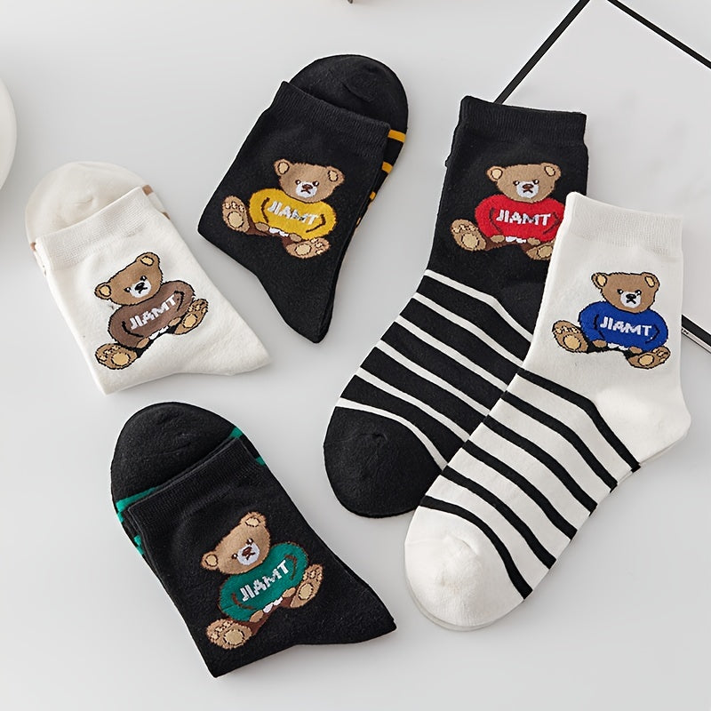 5 Pairs Cartoon Bear Print Crew Socks Women's Stockings