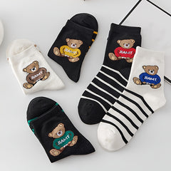 5 Pairs Cartoon Bear Print Crew Socks Women's Stockings