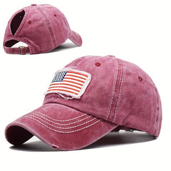 Ponytail Baseball Cap Flag Patch Denim Washed Distressed Dad Hats Independence