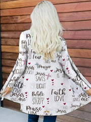 Casual Cardigan Letter & Cross Print Long Sleeve Open Front
