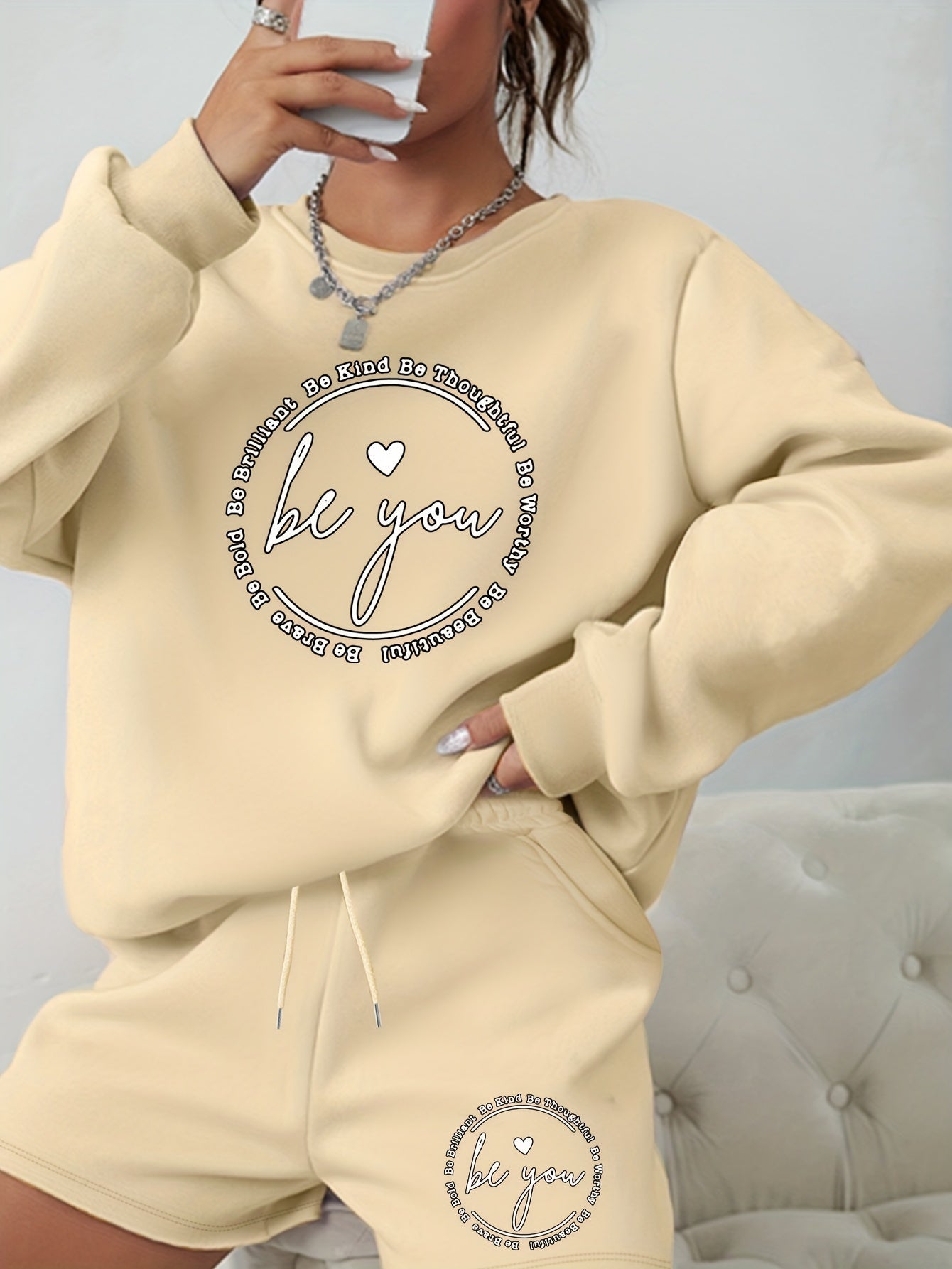 Slogan & Heart Print Sweatshirt & Shorts Set